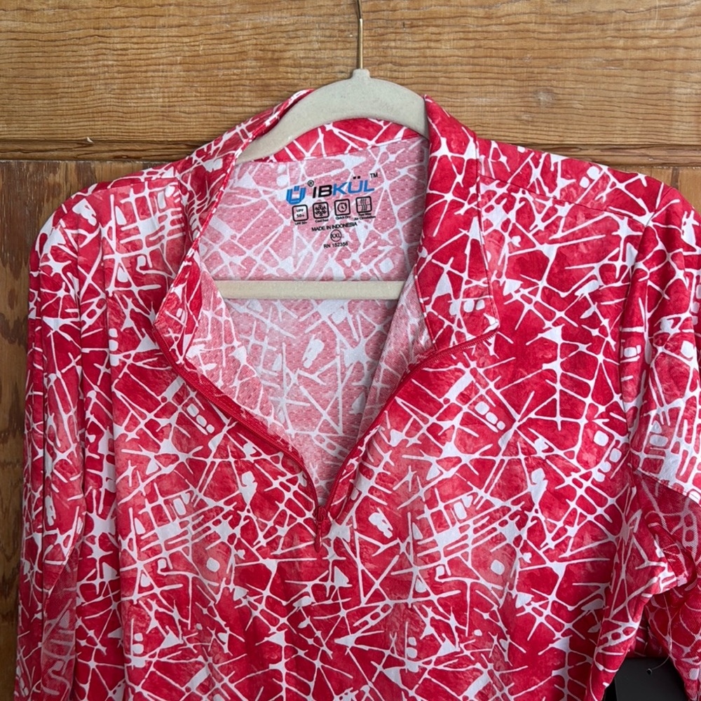 IBKUL Red and White Long Sleeve mock neck  with Geometric Pattern